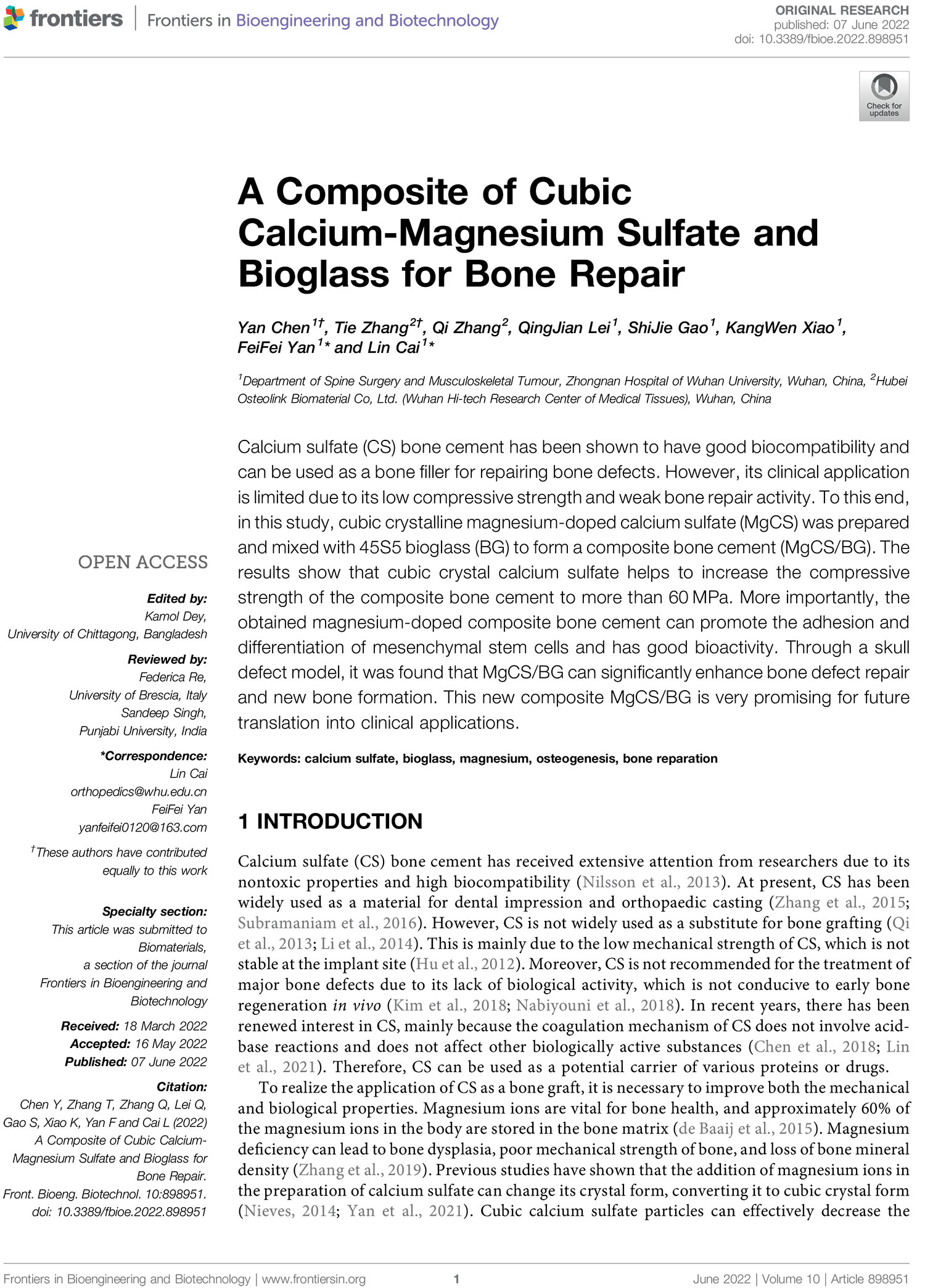 A Composite of Cubic Calcium-Magnesium Sulfate and Bioglass for Bone Repair